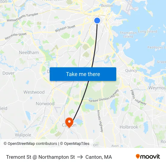 Tremont St @ Northampton St to Canton, MA map