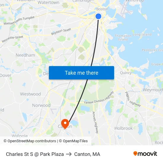 Charles St S @ Park Plaza to Canton, MA map