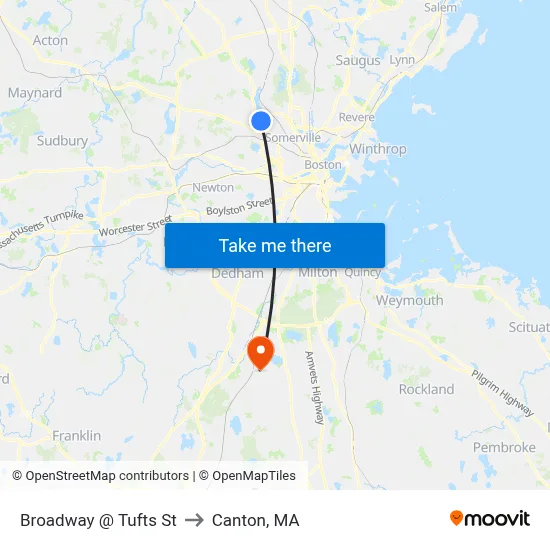 Broadway @ Tufts St to Canton, MA map