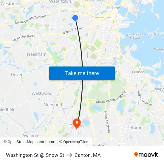 Washington St @ Snow St to Canton, MA map