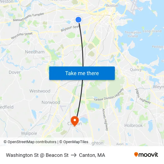 Washington St @ Beacon St to Canton, MA map