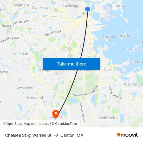 Chelsea St @ Warren St to Canton, MA map