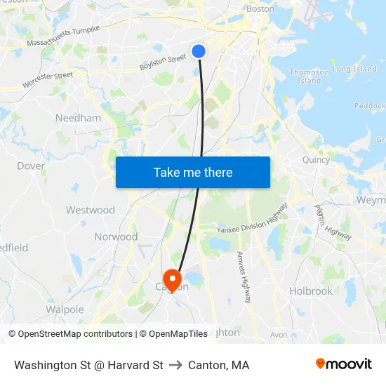 Washington St @ Harvard St to Canton, MA map