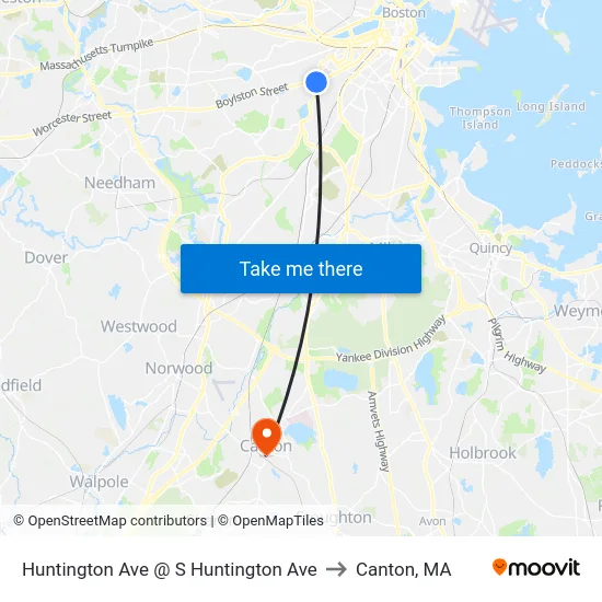 Huntington Ave @ S Huntington Ave to Canton, MA map