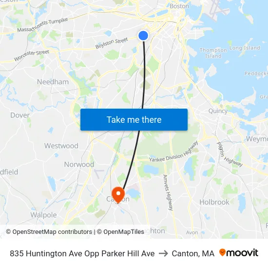 835 Huntington Ave Opp Parker Hill Ave to Canton, MA map