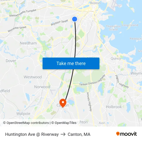 Huntington Ave @ Riverway to Canton, MA map