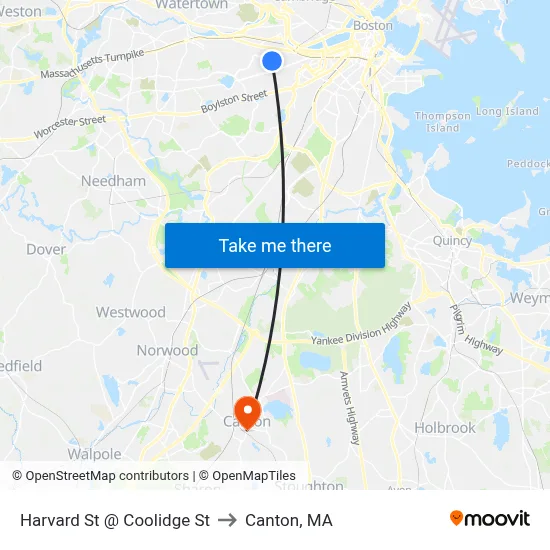 Harvard St @ Coolidge St to Canton, MA map