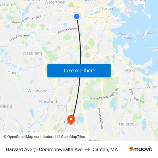Harvard Ave @ Commonwealth Ave to Canton, MA map