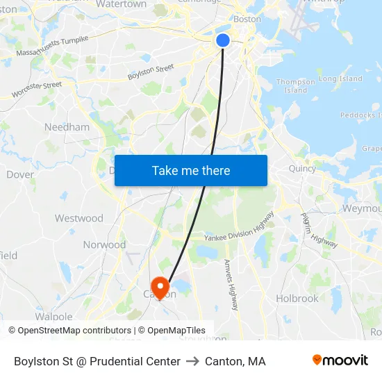 Boylston St @ Prudential Center to Canton, MA map