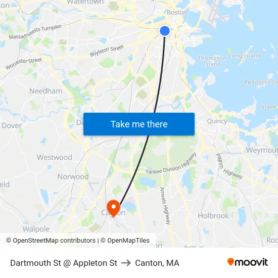 Dartmouth St @ Appleton St to Canton, MA map
