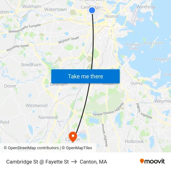 Cambridge St @ Fayette St to Canton, MA map