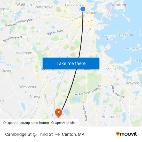 Cambridge St @ Third St to Canton, MA map
