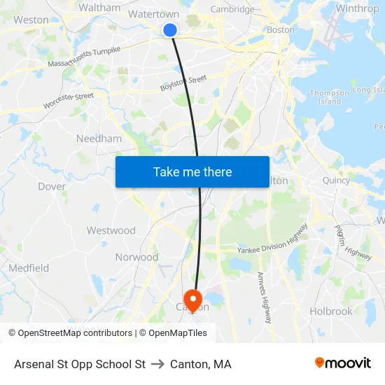 Arsenal St Opp School St to Canton, MA map