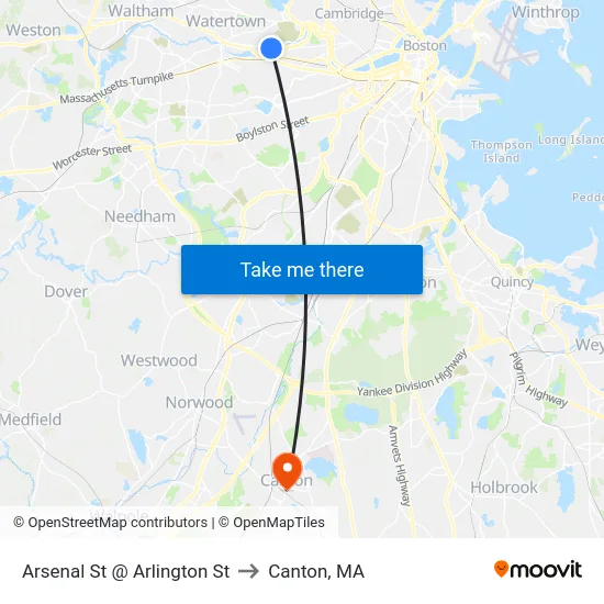 Arsenal St @ Arlington St to Canton, MA map