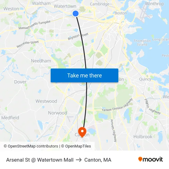Arsenal St @ Watertown Mall to Canton, MA map