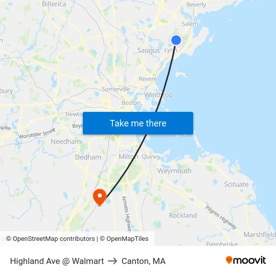 Highland Ave @ Walmart to Canton, MA map