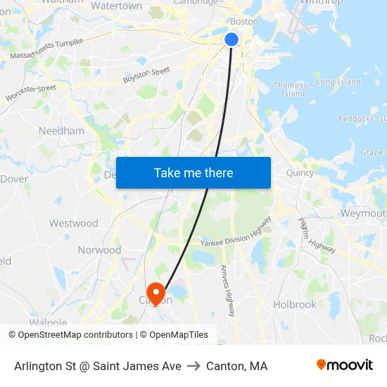 Arlington St @ Saint James Ave to Canton, MA map