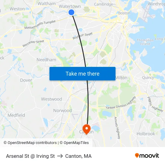 Arsenal St @ Irving St to Canton, MA map