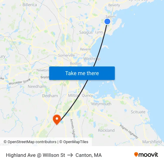 Highland Ave @ Willson St to Canton, MA map