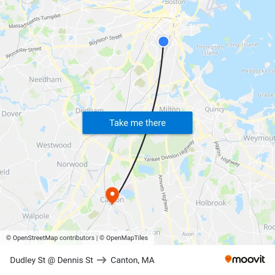 Dudley St @ Dennis St to Canton, MA map