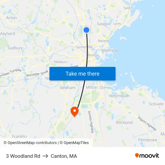 3 Woodland Rd to Canton, MA map