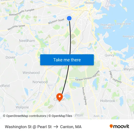 Washington St @ Pearl St to Canton, MA map
