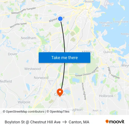 Boylston St @ Chestnut Hill Ave to Canton, MA map