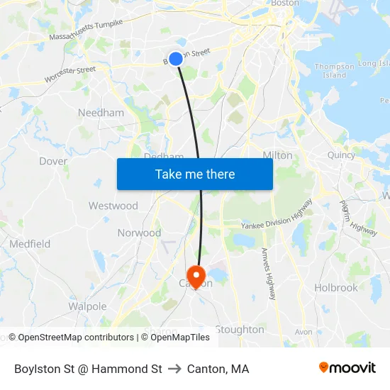 Boylston St @ Hammond St to Canton, MA map