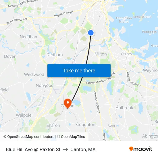 Blue Hill Ave @ Paxton St to Canton, MA map