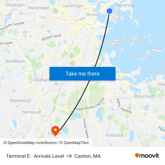 Terminal E - Arrivals Level to Canton, MA map
