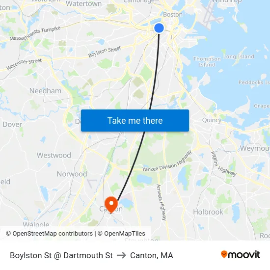 Boylston St @ Dartmouth St to Canton, MA map