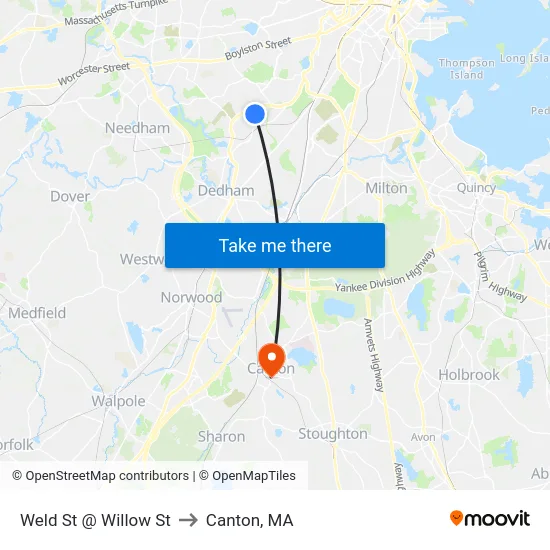 Weld St @ Willow St to Canton, MA map