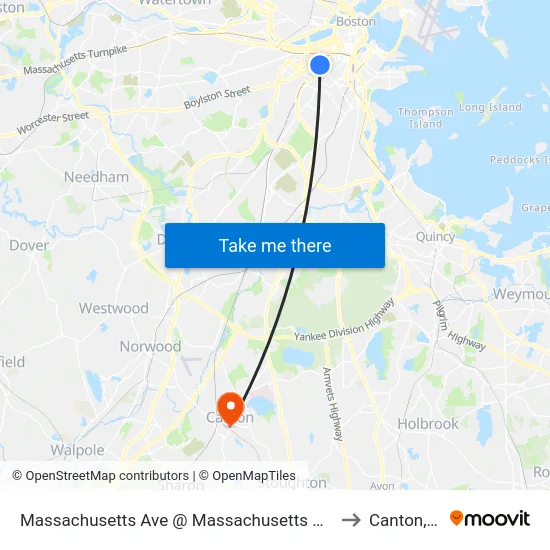 Massachusetts Ave @ Massachusetts Ave Station to Canton, MA map