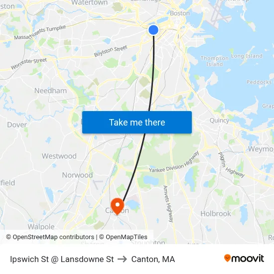 Ipswich St @ Lansdowne St to Canton, MA map