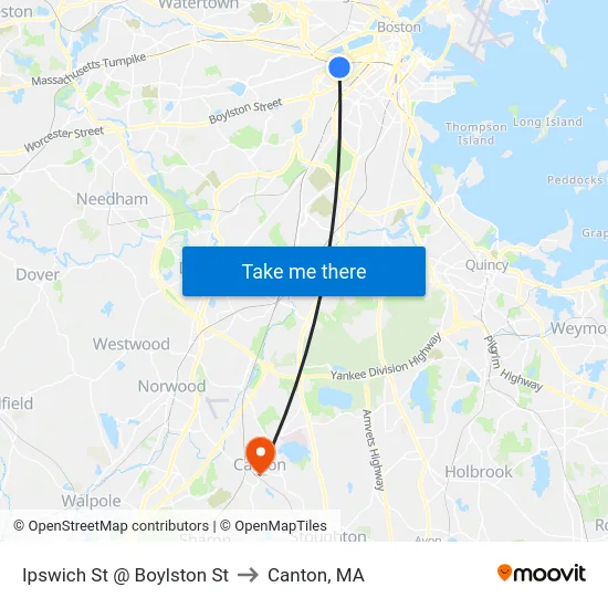 Ipswich St @ Boylston St to Canton, MA map