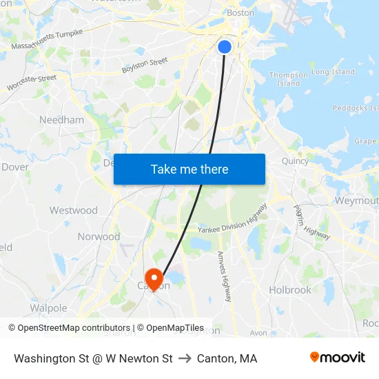 Washington St @ W Newton St to Canton, MA map
