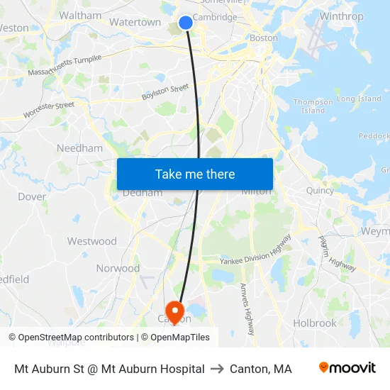 Mt Auburn St @ Mt Auburn Hospital to Canton, MA map