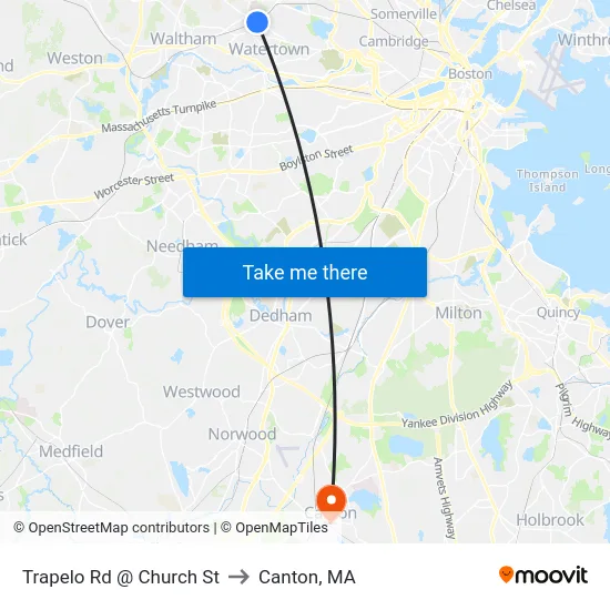 Trapelo Rd @ Church St to Canton, MA map