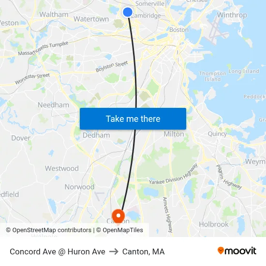 Concord Ave @ Huron Ave to Canton, MA map