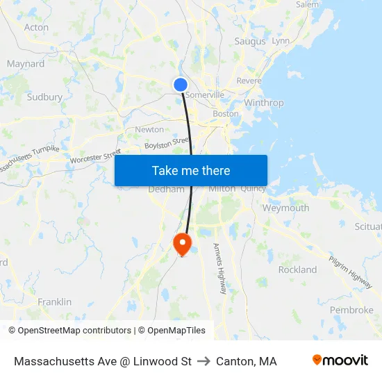 Massachusetts Ave @ Linwood St to Canton, MA map