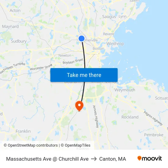 Massachusetts Ave @ Churchill Ave to Canton, MA map