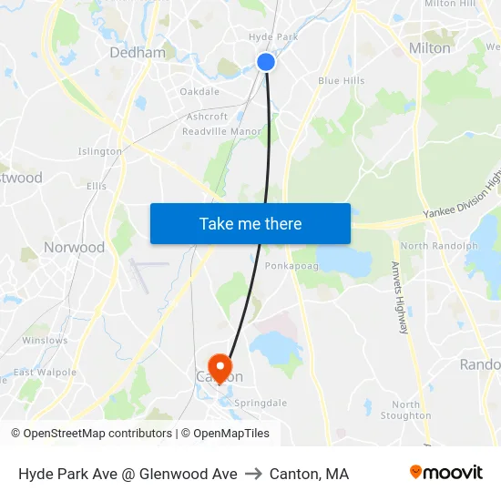 Hyde Park Ave @ Glenwood Ave to Canton, MA map