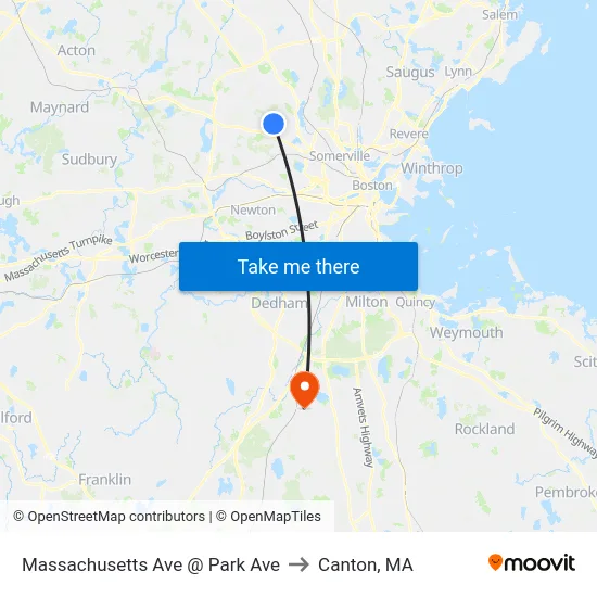 Massachusetts Ave @ Park Ave to Canton, MA map