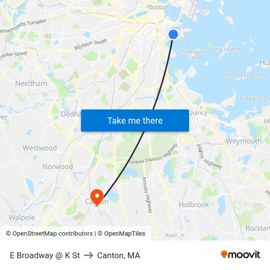 E Broadway @ K St to Canton, MA map