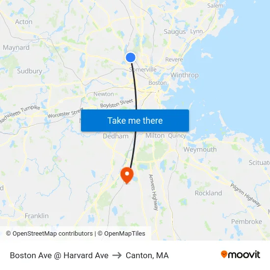 Boston Ave @ Harvard Ave to Canton, MA map
