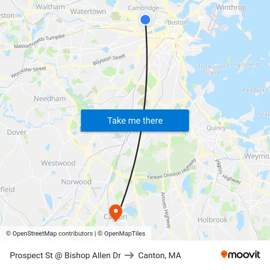 Prospect St @ Bishop Allen Dr to Canton, MA map