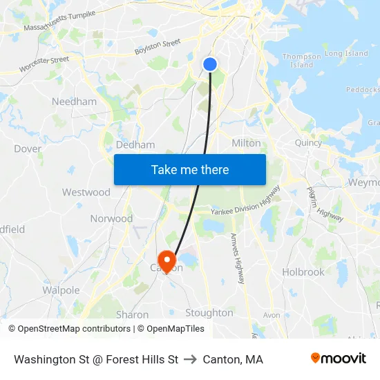 Washington St @ Forest Hills St to Canton, MA map