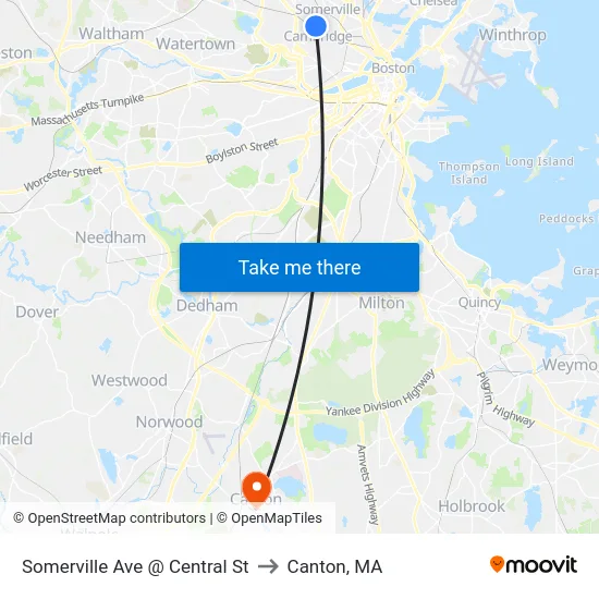 Somerville Ave @ Central St to Canton, MA map