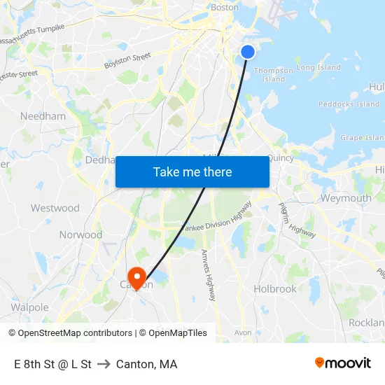 E 8th St @ L St to Canton, MA map