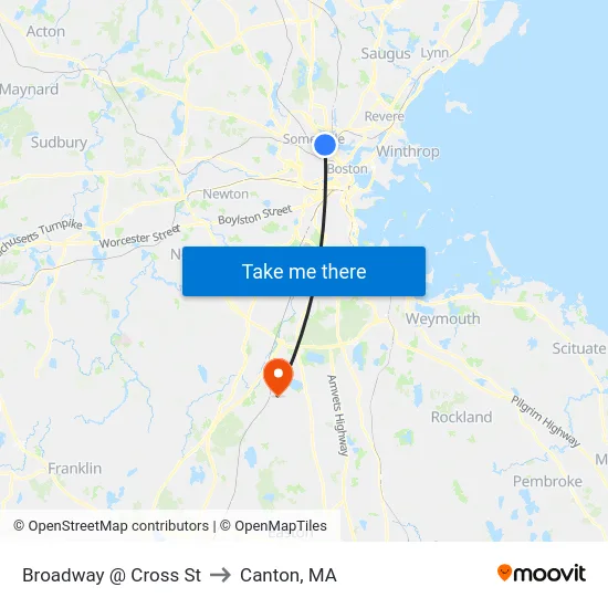 Broadway @ Cross St to Canton, MA map